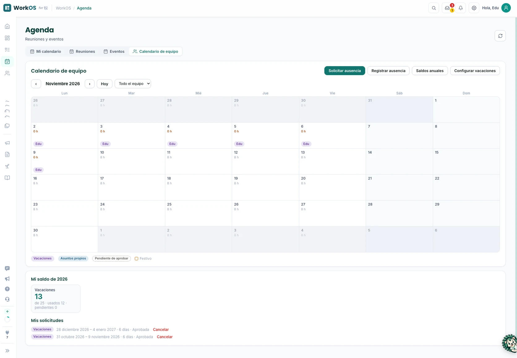 Real screenshot of the Team calendar tab in the WorkOS Calendar: a monthly calendar with each day’s available hours and absent people, an absence-type legend, the annual balance and the person’s requests