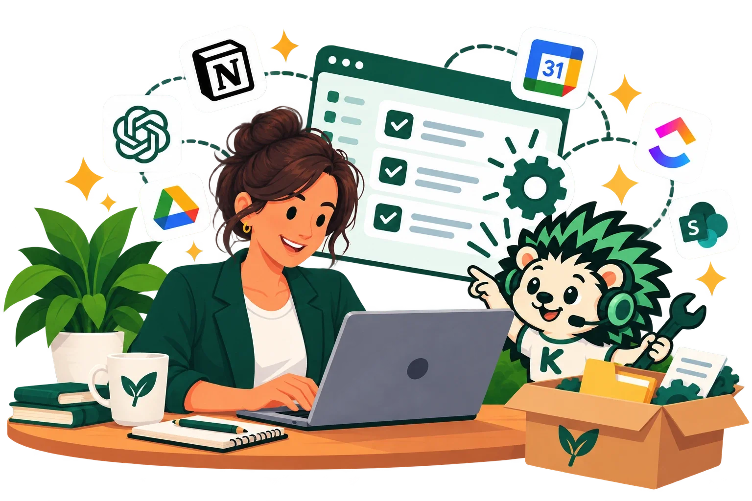 Ilustracja: profesjonalistka spokojnie pracuje z WorkOS, z zadaniami, kalendarzem, pocztą i narzędziami takimi jak Notion, Google i ChatGPT już połączonymi, a Kairos, jeż i asystent AI, pomaga w automatyzacjach