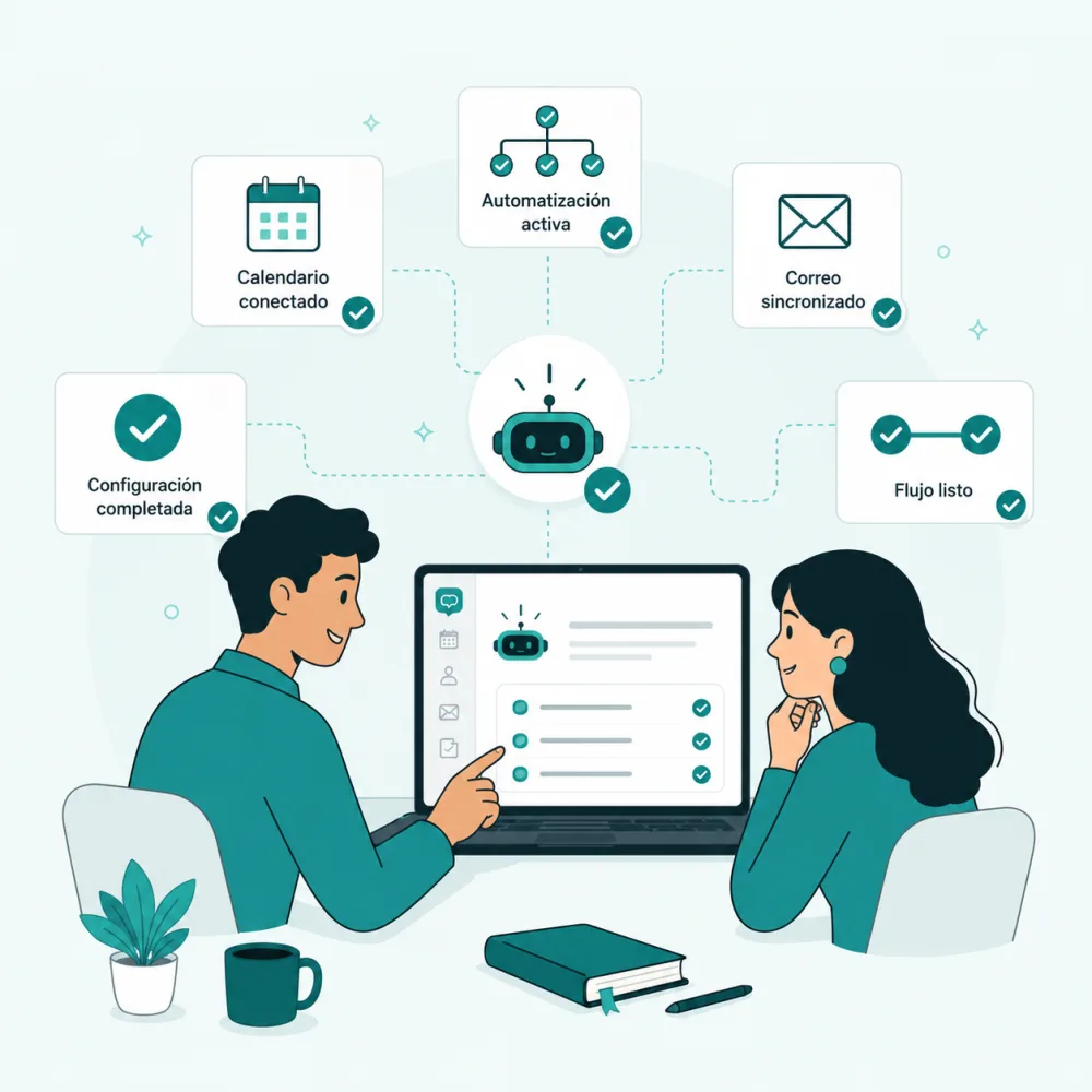 Persona y asistente de IA de WorkOS revisando calendario, correo y automatizaciones ya conectadas