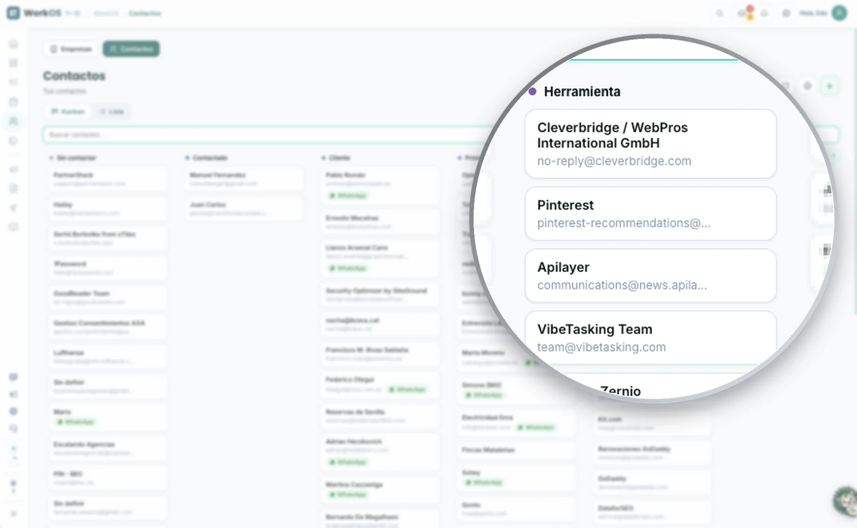 Real screenshot of WorkOS Contacts in Kanban view with a magnifying glass over the Tool column: contacts from services and tools with their email; the rest of the board is blurred
