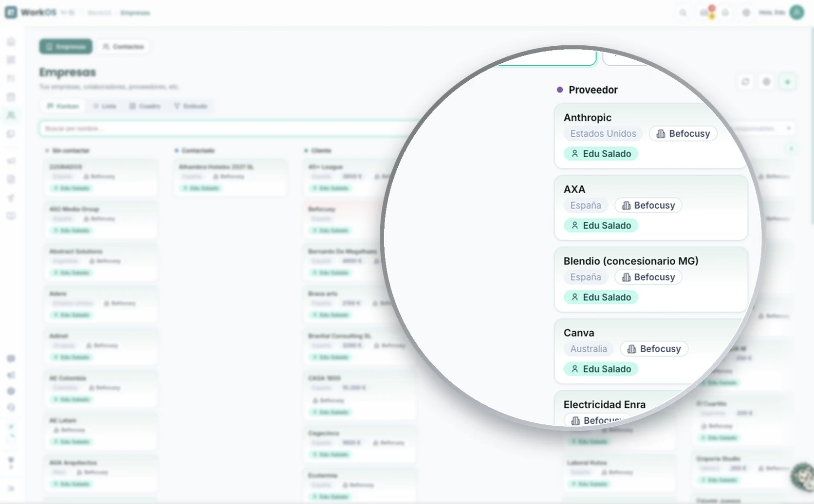 Real screenshot of WorkOS Companies in Kanban view with a magnifying glass over the Supplier column: companies with country, base company and owner; the rest of the board is blurred