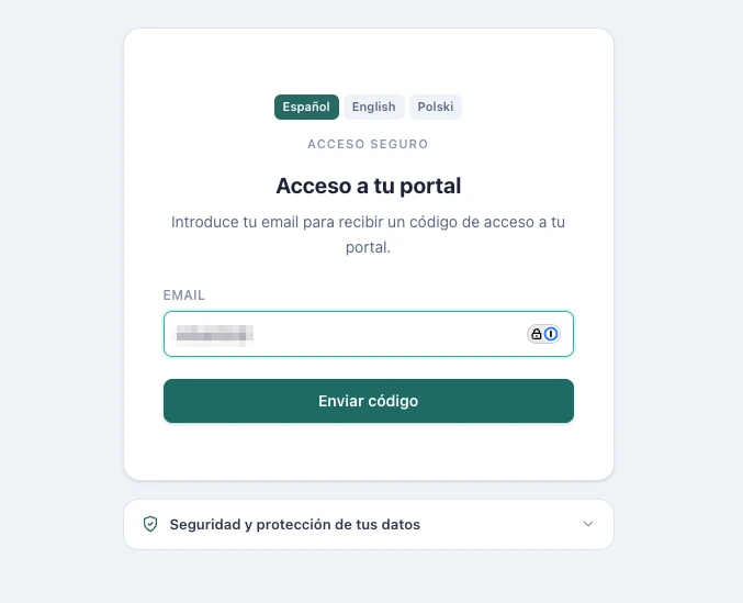 Real screenshot of the WorkOS client portal sign-in screen: language selector, email field and Send code button