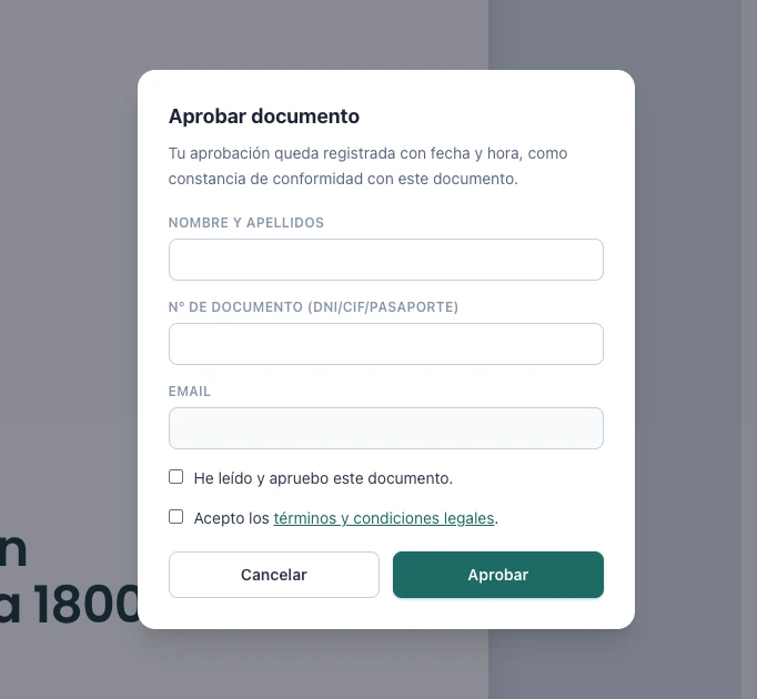 Real screenshot of the Approve document window in the WorkOS portal: full name, ID number, email, reading and legal terms checkboxes, and Cancel and Approve buttons