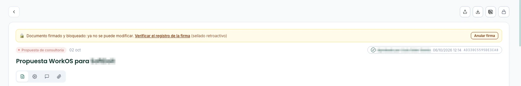 Real screenshot of a signed document page in WorkOS: a signed and locked notice with a link to verify the record, type label, date, approval seal with reference and tabs for content, settings, comments and attachments; the client and signer names are blurred