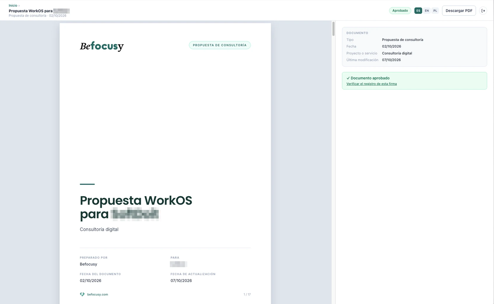 Real screenshot of the WorkOS client portal: the cover of a proposal with the logo and brand, the Approved status, the language selector, the Download PDF button and a panel with the document details and the approval confirmation; client names are blurred