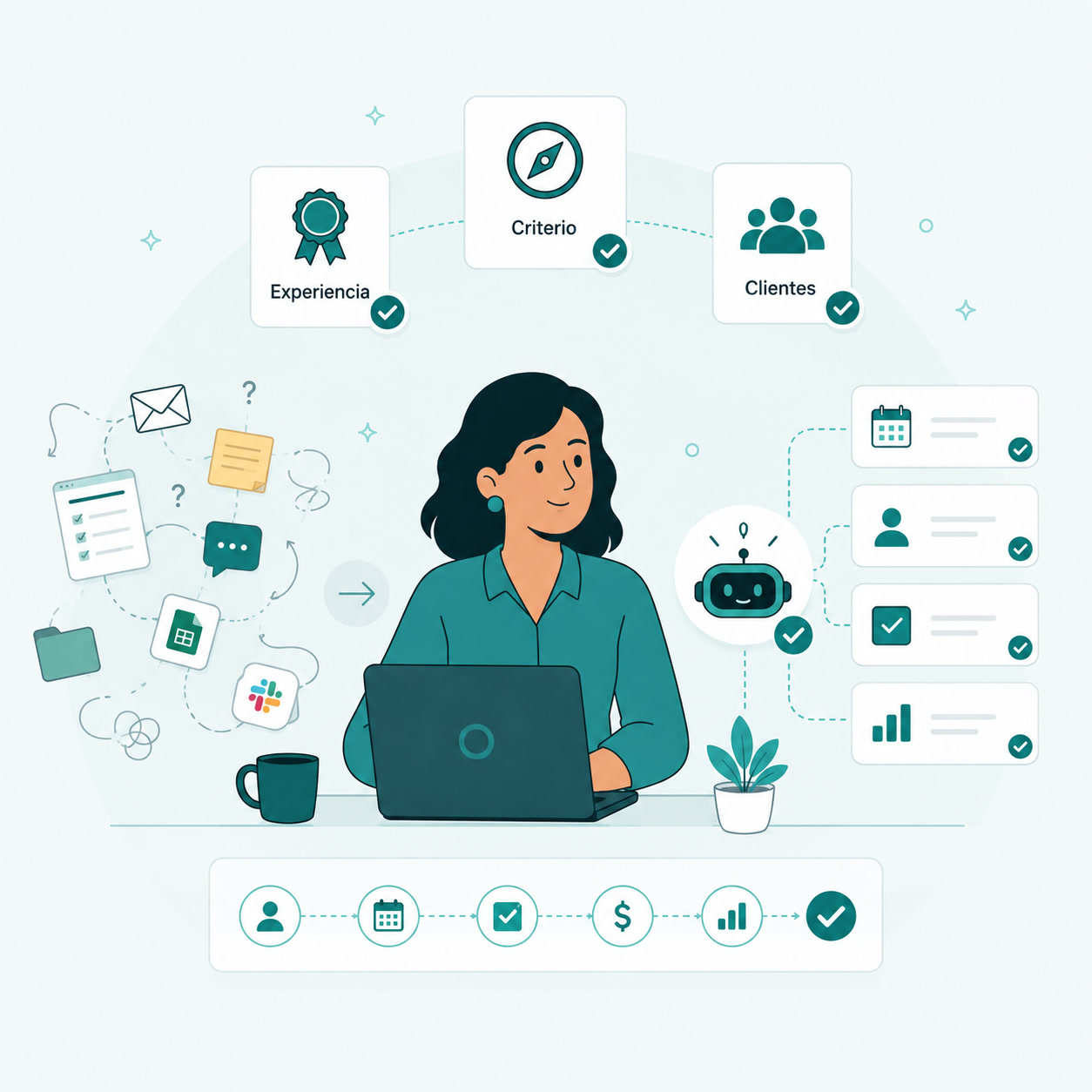 Persona trabajando con el asistente de IA de WorkOS, con tu experiencia, criterio y clientes conectados a tareas, calendario y CRM