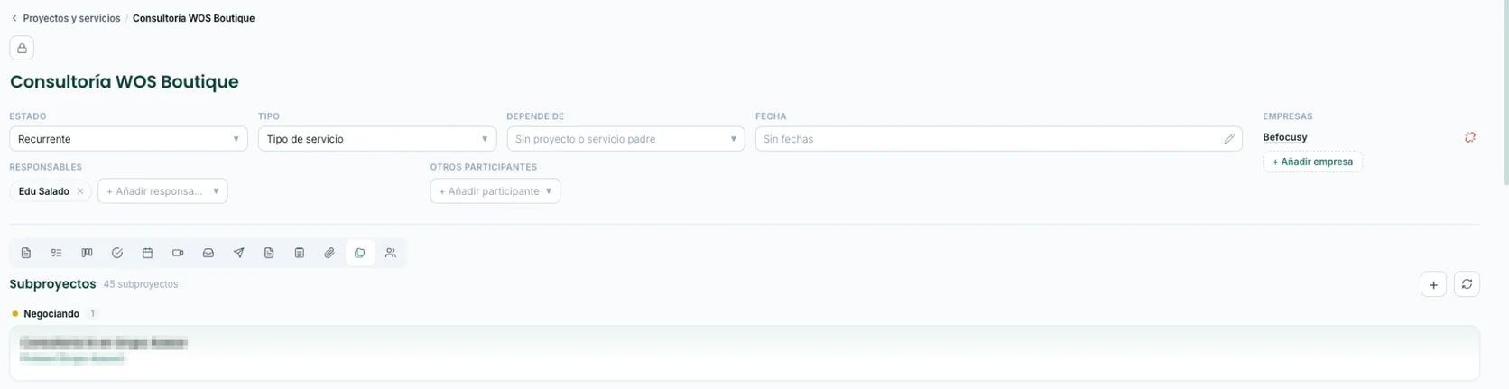 Real screenshot of a WorkOS project record: title, status, type, depends on, date, companies, owners and participants, the tab bar and the start of the subprojects list