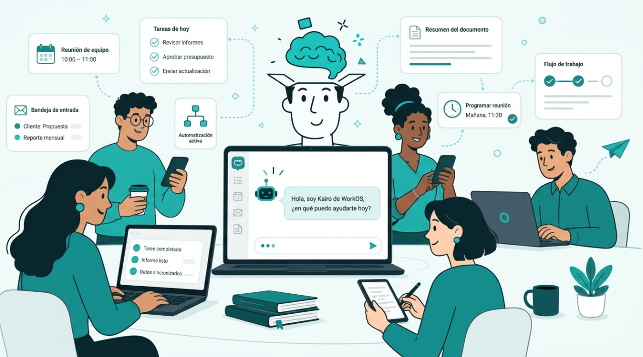 Equipo colaborando con Kairo, el asistente de IA de WorkOS, sobre tareas, correo, reuniones y documentos
