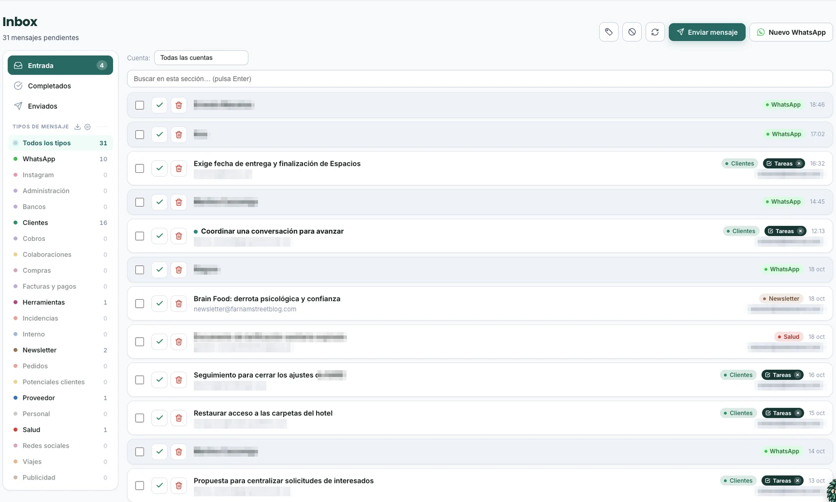 Real screenshot of Inbox in WorkOS: Inbox, Completed and Sent tabs, color-coded message types with counters and a list of emails and WhatsApp conversations with type and task tags; names and addresses are blurred
