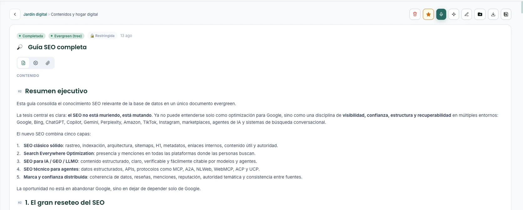 Real screenshot of a note open in the WorkOS Digital Garden: status and maturity tags, a restricted label, title, tabs for content, configuration and attachments, and the start of the text