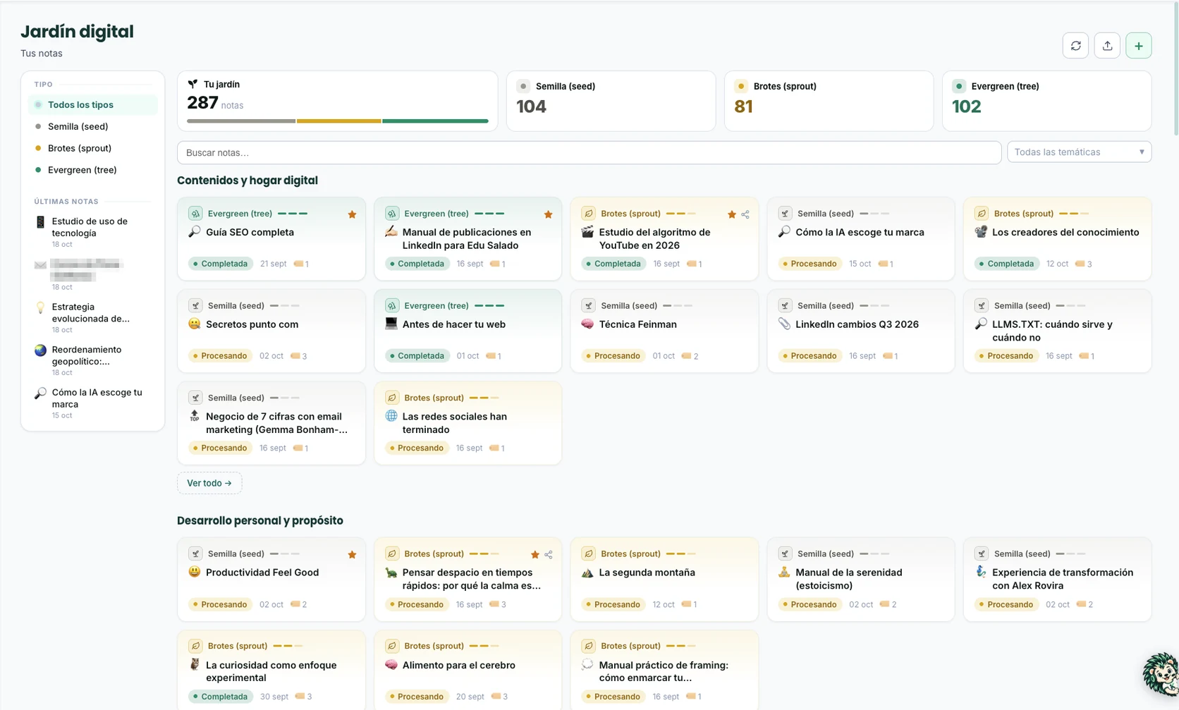 Real screenshot of the WorkOS Digital Garden: notes grouped by topic with their maturity stage (seed, sprout, tree), counters per stage, search and a latest-notes block