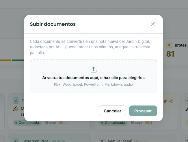 Real screenshot of the Upload documents window in WorkOS: a drop area for PDF, Word, Excel, PowerPoint, Markdown and audio files
