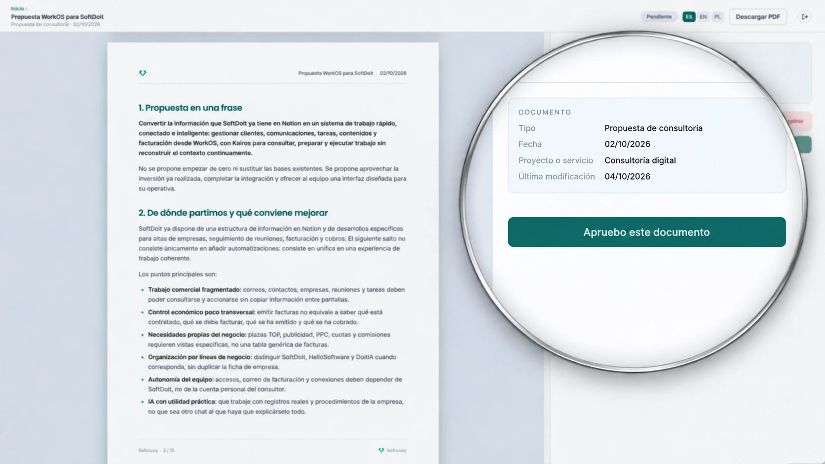 Zrzut ekranu portalu klienta WorkOS z lupą nad danymi dokumentu (typ, data, projekt i ostatnia modyfikacja) oraz przyciskiem Zatwierdzam ten dokument; treść dokumentu jest zamazana
