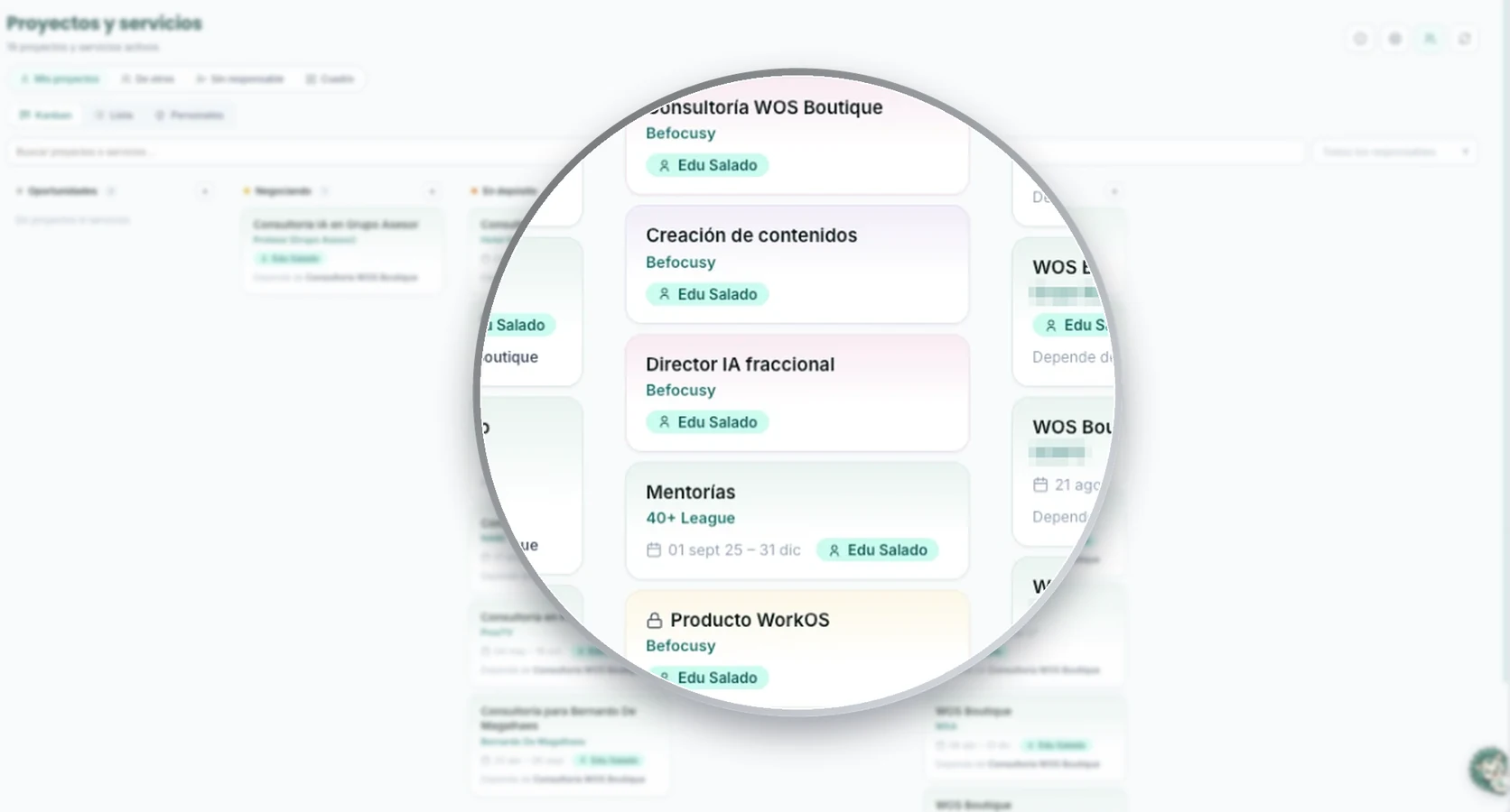 Real screenshot of WorkOS Projects and services in Kanban view with a magnifying glass over the Recurring column: own services with linked company and owner; the rest of the board is blurred