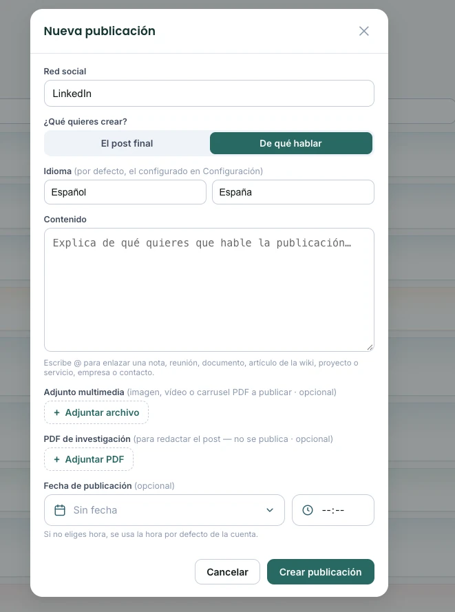 Real screenshot of the WorkOS New publication window: social network, a choice between “The final post” and “What it should be about”, language, content, attachments and publication date