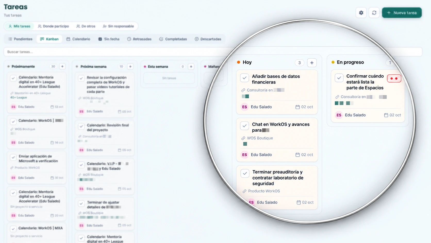 Zrzut ekranu Zadań WorkOS w widoku Kanban z lupą nad kolumnami Dziś i W toku: zadania z powiązanym projektem, osobą odpowiedzialną i datą; pozostałe kolumny i zakładki są zamazane